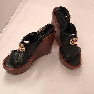 Tory Burch Black Pebbled Leather Wedge Sandals